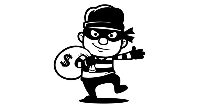 Mischievous Cartoon Thief Character in Striped Shirt Holding Sack of Money, Isolated White Background.