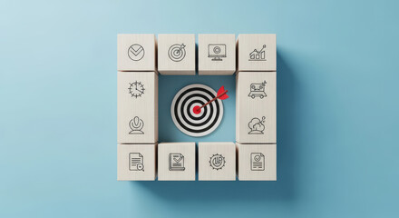Business Strategy and Goals Achievement Concept Represented with Wooden Blocks Arranged Around Dartboard with Arrow Hitting the Bullseye on Blue Background