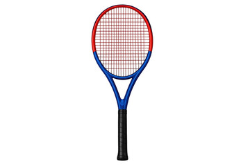 Tennis racket featuring a blue frame with red strings and a black grip handle, isolated on a transparent background