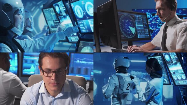 Technology, space exploration and medical concept. Scientists, astronauts, lab equipment and microscopes in biomedical innovations and clinical studies. Ideal for educational content.