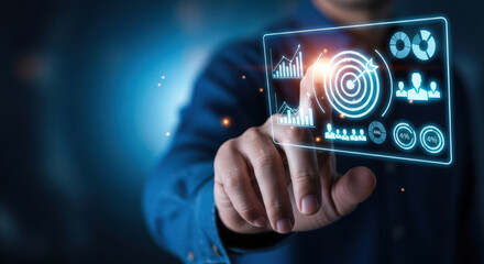 Fototapeta premium Business strategy digital technology development concept with businessman hand touching virtual screen with data charts graph. Planning and success