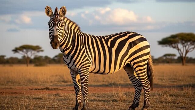 Majestic zebra standing alone in savannah landscape at sunset