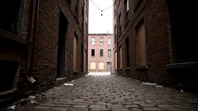 Dark and Gritty Urban Alleyway with Cobblestone Path and Dilapidated Buildings.