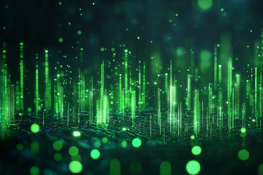 Vibrant green data visualization with glowing digital bars and dots