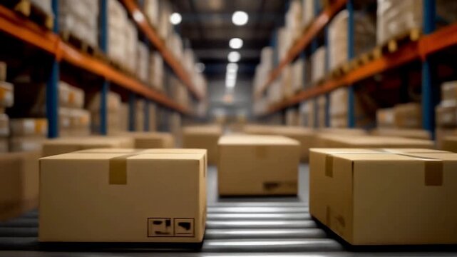 High-End Warehouse Operations - Slow Motion Industrial Motion of Large Cardboard Boxes