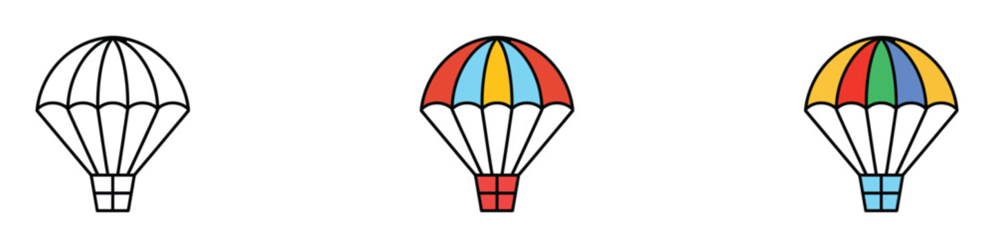 Parachute flight icon vector. Skydiving adventure, Extreme air sport and safe landing equipment symbol set. Vector illustration.