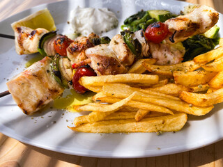 Chicken Souvlaki in greek Taverna on Crete Island