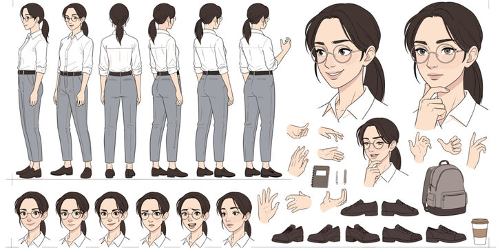 Animated Character Design Sheet: Young Professional Woman in Smart Casual Attire Showcasing Various Poses, Expressions, and Accessories for Modern Visual Storytelling