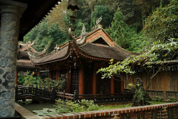 Naklejka premium ** Traditional Asian Temple Building with Pond and Lush Greenery