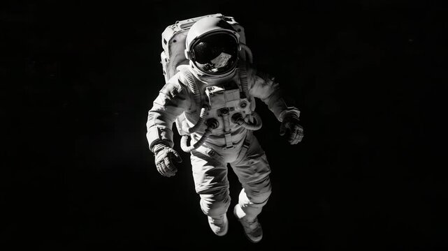 floating astronaut in white spacesuit isolated in dark space cinematic video