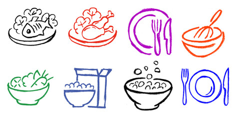 Food Dish Plate Related Drawings Crayon Chalk Doodle Vector Set © Grunge Designs