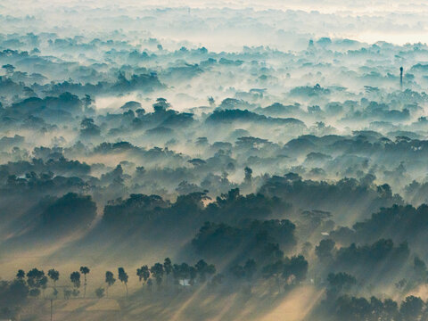 Aerial view of a dense, dreamlike landscape shrouded in a thick blanket of mist, the treetops barely visible through the ethereal haze, Chandina, Chittagong Division, Bangladesh.