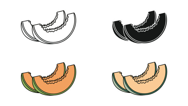 Cantaloupe melon slices icons in outline, silhouette, and juicy color variations