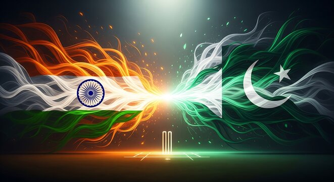 Vibrant India and Pakistan flags clashing in dynamic cricket stadium