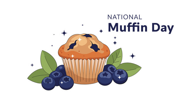 Delicious National Muffin Day illustration featuring a single golden blueberry muffin surrounded by fresh berries and green leaves.