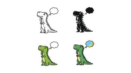 Thoughtful cartoon dinosaur with a speech bubble, in outline, silhouette, and color. © Mijan 