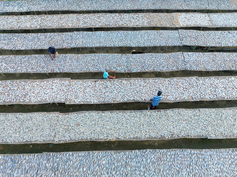 Aerial view of fish drying in the sun on concrete platforms, creating a textured landscape of silver and blue, Cox's Bazar, Chittagong Division, Bangladesh.
