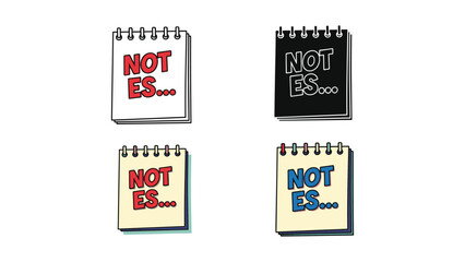 Set of four notepad icons with rings at the top, displaying 'NOT ES...' text in outline, black fill, and colored versions.