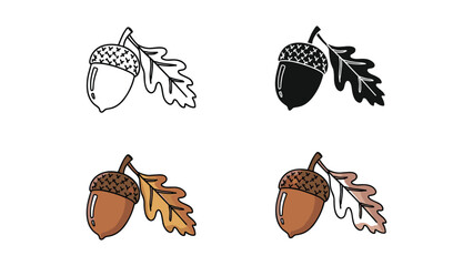 Autumn acorn with oak leaf in different styles: line art, silhouette, and realistic colors. © fahad
