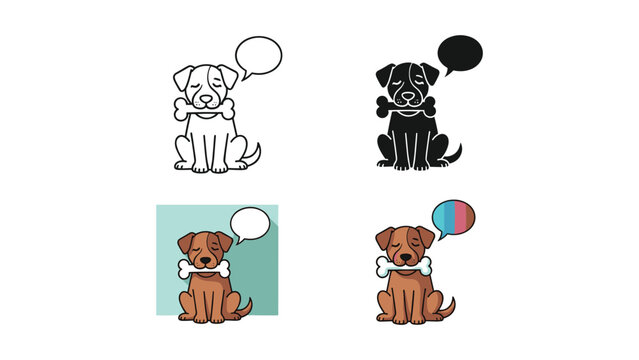Happy dog holding a bone with a thought bubble, in line art, silhouette, and color.