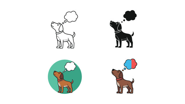 Dog looking up with a thought bubble, available in line art, silhouette, and color versions.