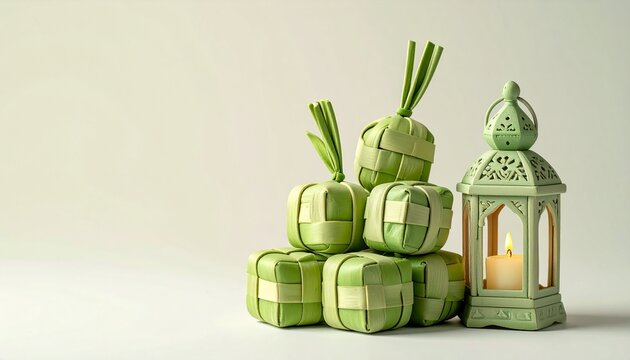 Green ketupat rice dumplings stacked beside a traditional lantern with a lit candle on a plain background.