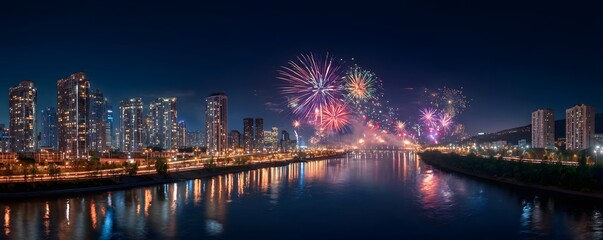 Obraz premium New Year fireworks over river in capital city
