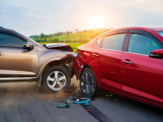 Fototapeta premium Two cars crashed on the road with damage and debris around