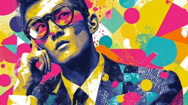 Stylish Illustration of a Man in Sunglasses with Colorful Pop Art Background Featuring Geometric Shapes and Vibrant Patterns