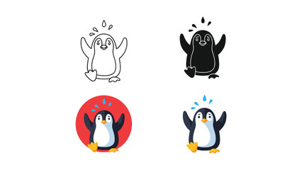 Charming penguin icons with wide eyes and flippers up, in various styles like outline and color. © fahad