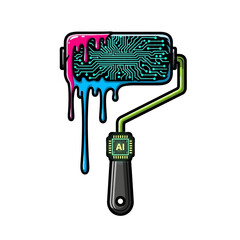 Obraz premium Creative artificial intelligence technology concept symbolized by a paint roller featuring a vivid cyan circuit board design with dripping vibrant neon colors.