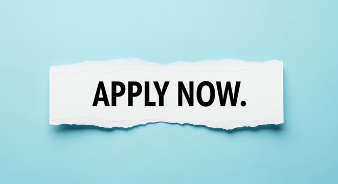 A torn piece of paper with the text apply now on a blue background