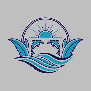 Dolphins leaping under sunrise surrounded by 0cean waves artwork design
