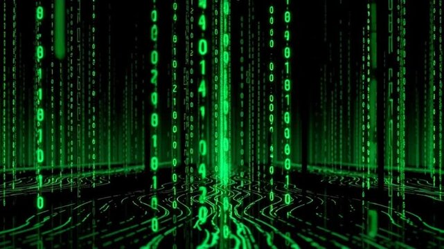 Vibrant green binary code cascading down in futuristic digital landscape