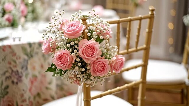 Elegant Wedding Ceremony Decor with Pink Roses and Gold Chairs.