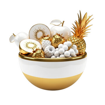 A decorative bowl filled with various fruits, including kiwis, pineapples, and white spherical fruits, with a gold pineapple decoration on top. The image is set against a transparent background.