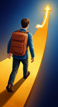 Illustration of person with backpack walking on path with glowing arrow, representing goal pursuit, aspiration, direction and future planning