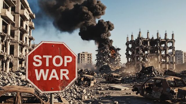 A video shows a stop war sign in a desolate, war torn cityscape with ruins and smoke