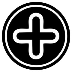 Obraz premium Black round icon featuring a white plus symbol for addition, health, or medical related design