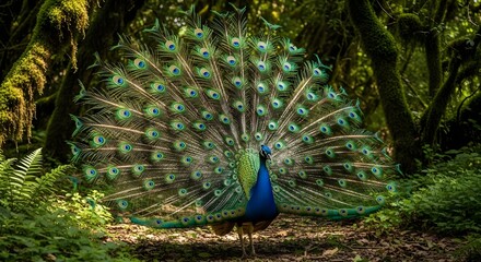 Obraz premium A vibrant peacock spreads its stunning tail feathers in a lush forest clearing with trees and greenery all around it
