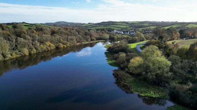 Drone footage of the Quoile River, Downpatrick, County Down.  Typical Irish rural river popular with walkers and fishermen.  Is known to be prone to flooding.