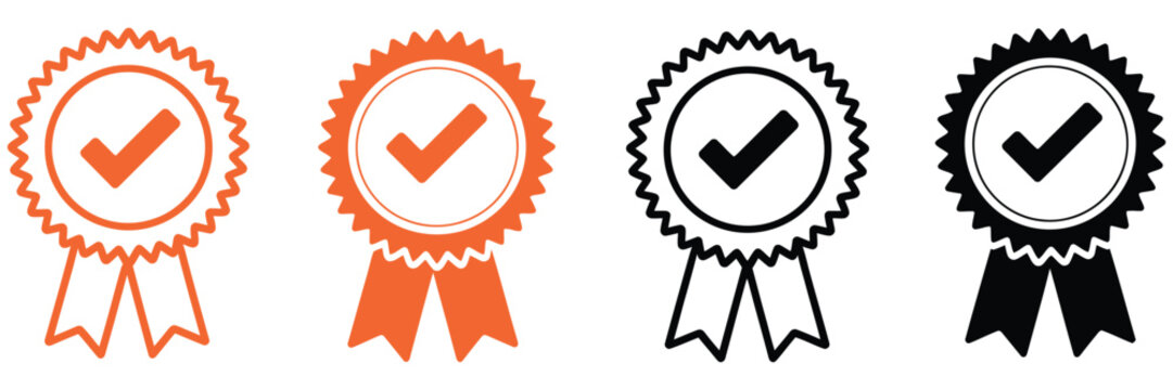 Certified medal icon, verified badge icon set, quality guarantee  check mark, rosette and star symbols, vector illustrations for authentication, validation, certification, branding, and digital 