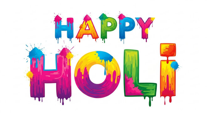 Vibrant happy holi festival text with colorful paint splatters on white background celebrating joy and festivity