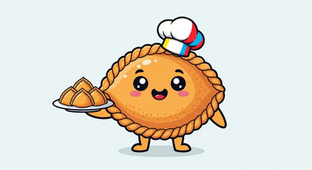 Cheerful cartoon dumpling character wearing chef hat and holding a plate of dumplings standing on two legs with a friendly smile