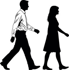 Silhouette of a professional man and woman walking together side by side in business casual attire isolated on white background