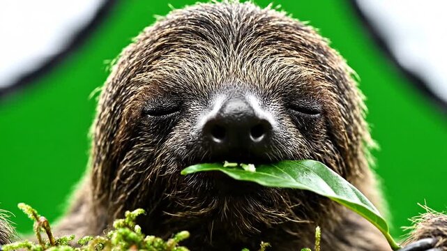 Close-up portrait of a cute three-toed sloth eating a fresh green leaf in the forest