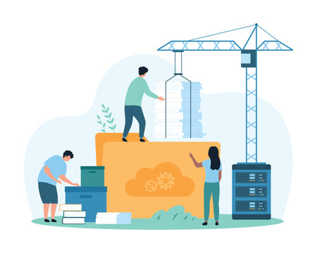 Storage and organization of document flow. Tiny people load paper sheets into folder with construction crane, organize directory and library of archives on servers cartoon vector illustration