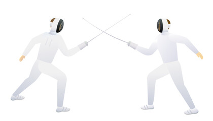 Two fencers are sword fighting in a fencing competition isolated on white background.
