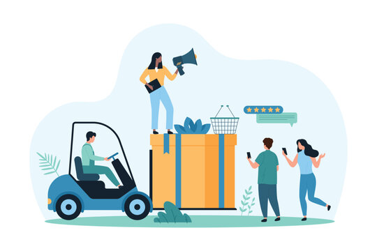 Advertising campaign for brand product or service, prizes and gifts, giveaway. Tiny people on forklift carry big box with gift for customers, announce contest in megaphone cartoon vector illustration
