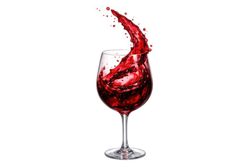 Red wine splashing out of a wine glass, showing dynamic liquid motion and drops on a transparent background